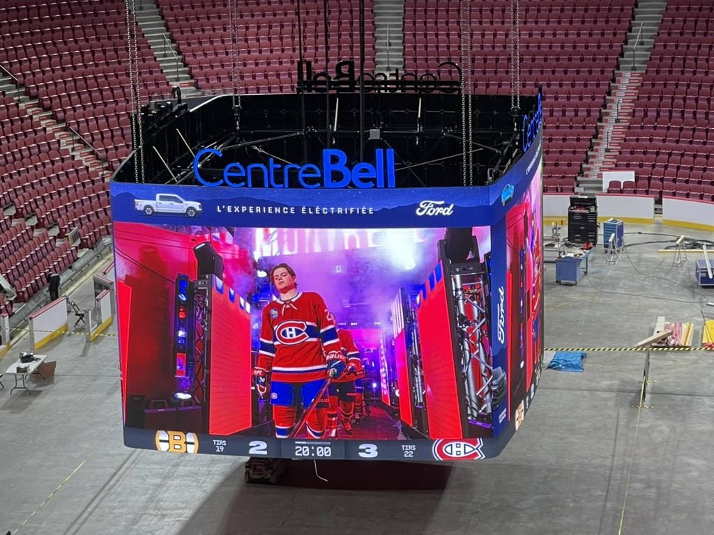 The Bell Centre jumbotron lowered to floor level during the work, empty arena