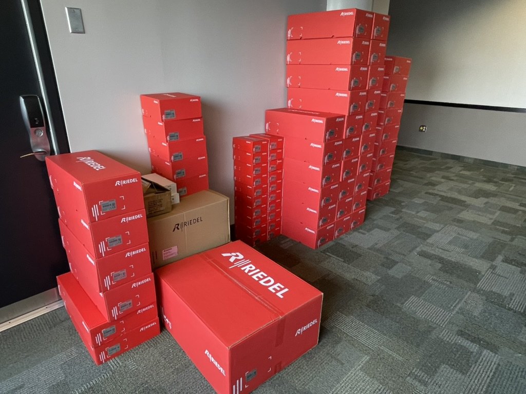 The Riedel delivery: crates for the full communications kit, stacked on arrival