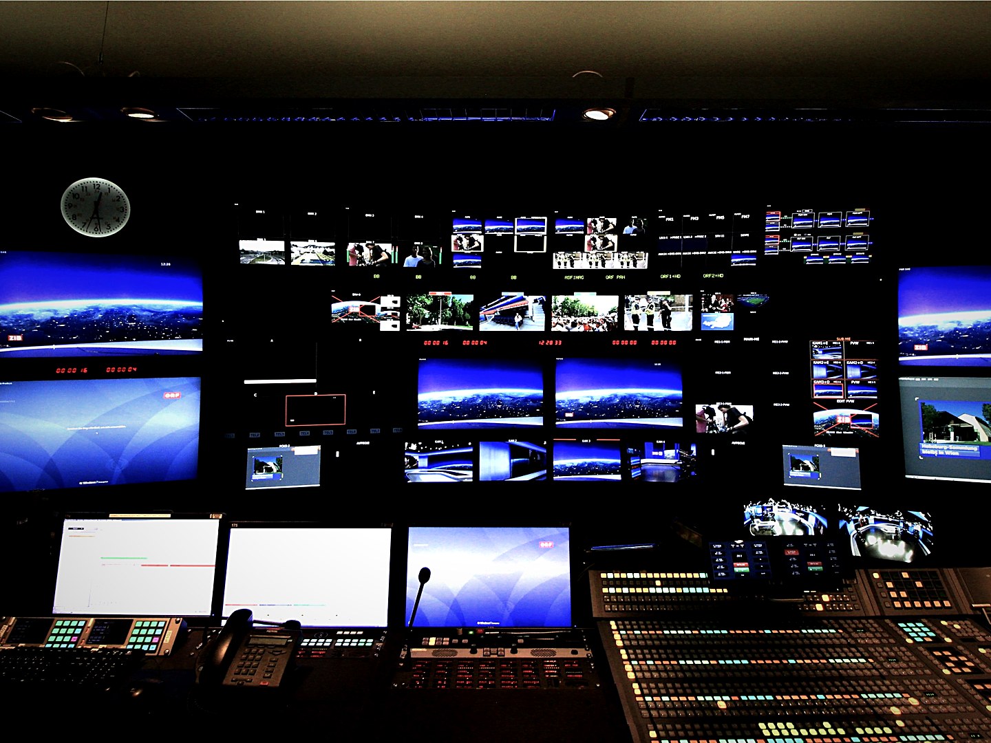 Playout control room, monitor wall and console